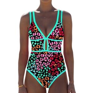 NWT Popvil Neon Leopard Cutout One Piece Swimsuit Tummy Control Large